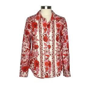 New Elie Tahari Red Pink Floral Button Down Blouse small MSRP $225 quiet luxury